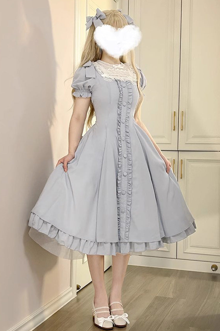 Light Blue Annie's Gift Short Sleeves Bowknot Sweet Lolita Dress (Plus Size Support)