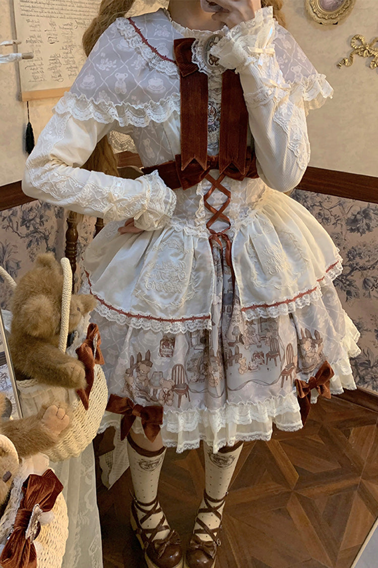 [Castle Bear] Sleeveless Print Ruffle Bowknot Lace Sweet Lolita Jsk Dress 4 Colors