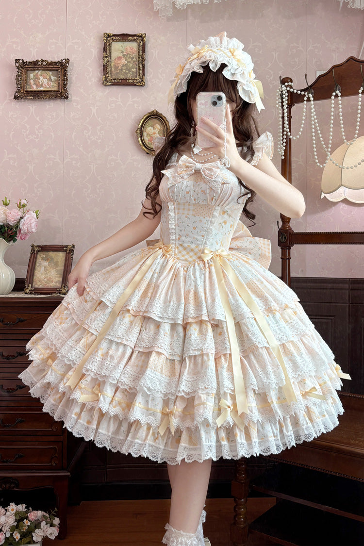 Yellow [Flower’s Tale] Square Collar Flutter Sleeves Multi-Layered Printed Bow Lace Slim Fit Sweet Lolita Dress