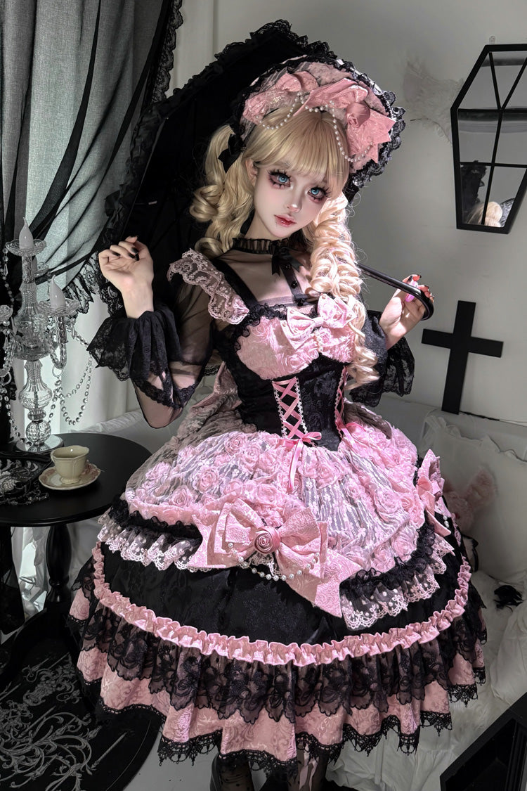 Black/Pink [Rose Princess] Sleeveless Ruffle Bowknot Lace Lace-Up Sweet Ballet Lolita Jsk Dress