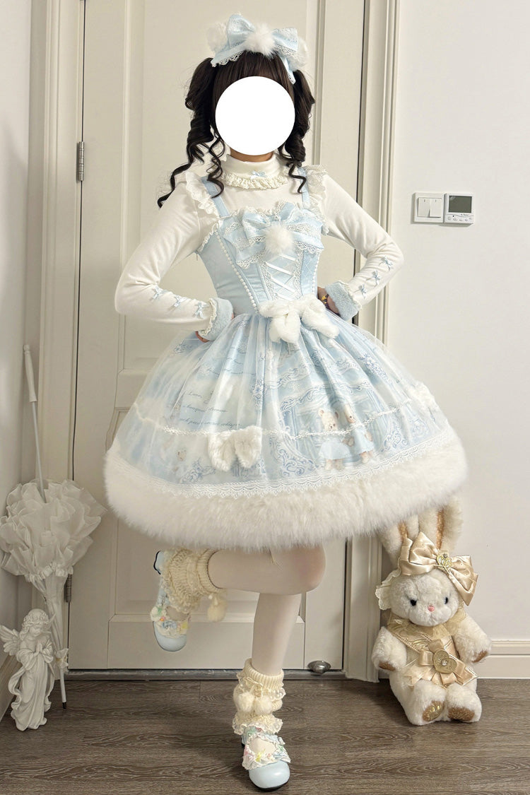 Light Blue [Snowflake Bear] Sleeveless High Waisted Sweetheart Neckline Faux Fur Bow Decorated Women's Sweet Lolita Jumper Skirt