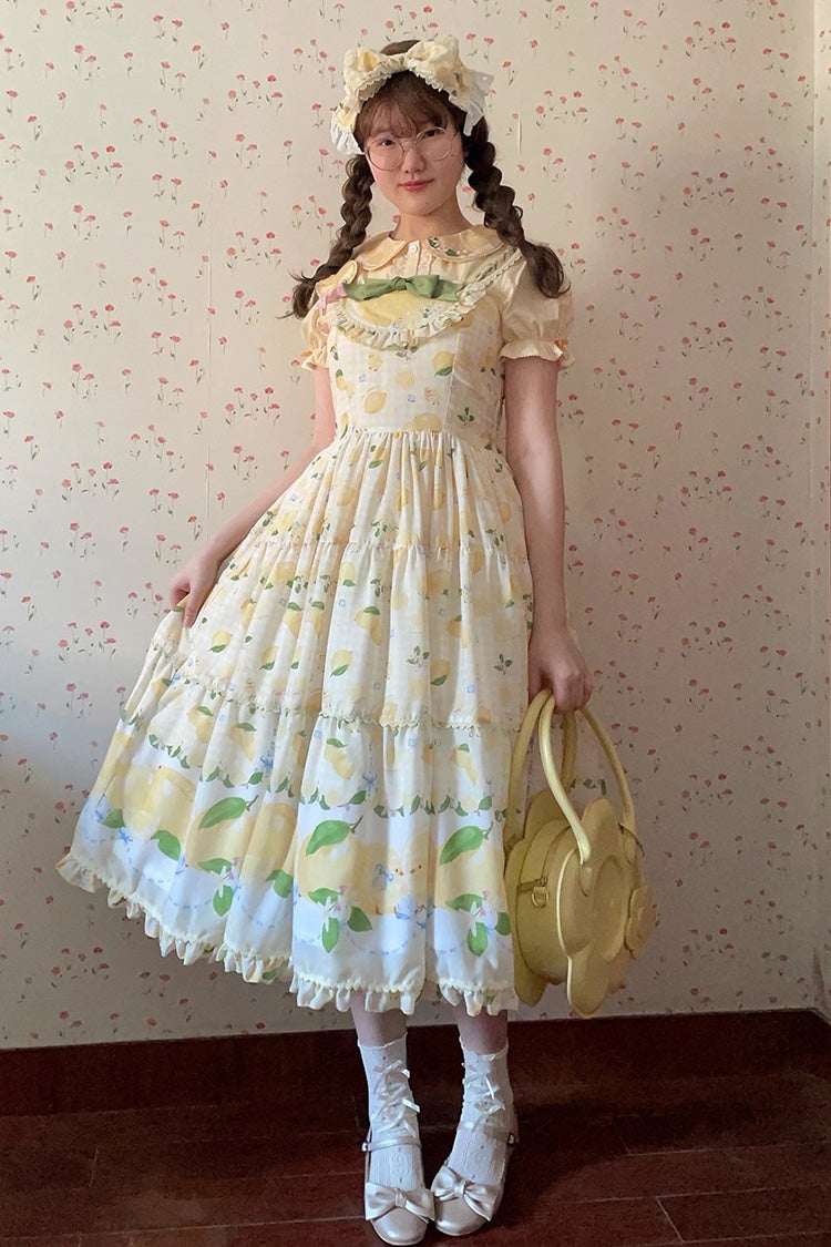Yellow [Lemon Chicken] Print Ruffle Bowknot Lace Sweet Lolita Jsk Long Dress