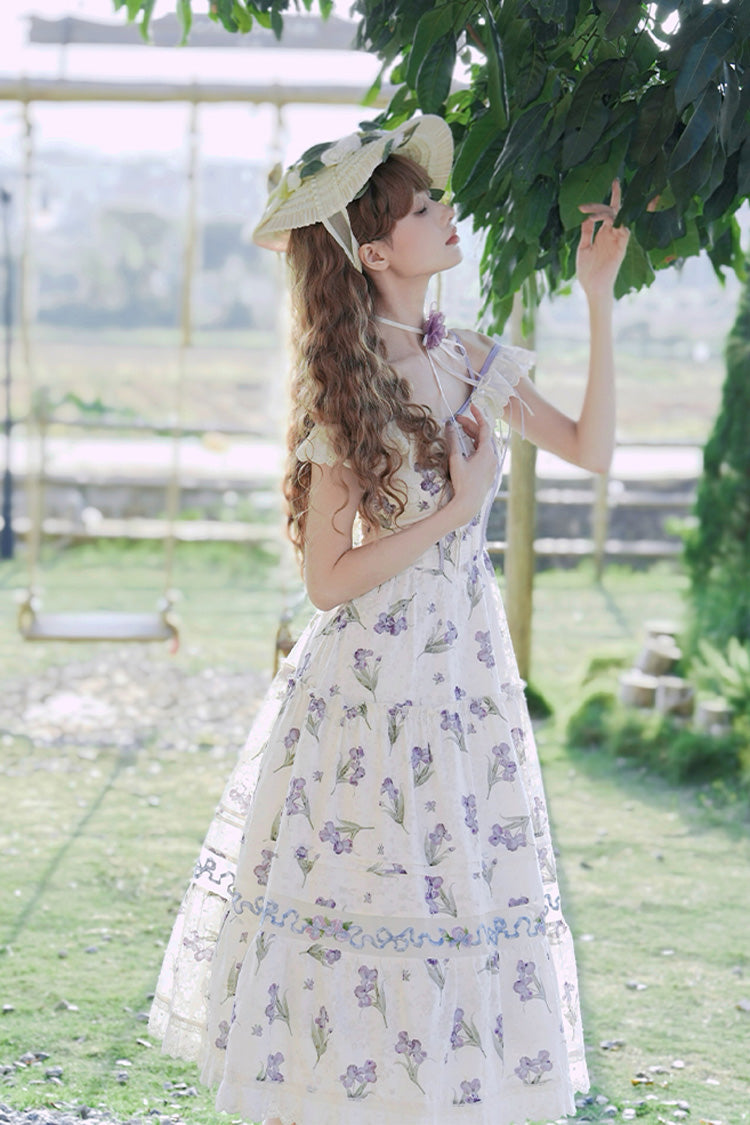 Robe Jsk Lolita douce en dentelle brodée à volants imprimée à épaules dénudées [Moonlight Iris] ivoire 