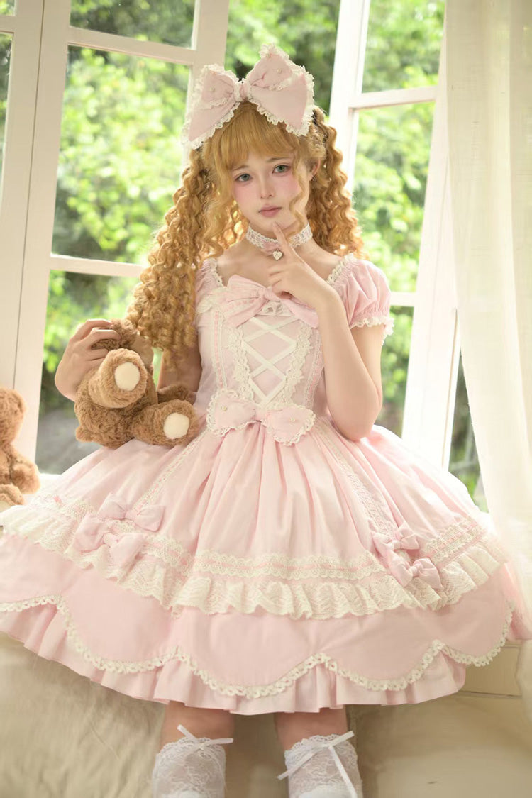 Robe Lolita douce en coton rose [Petal Bunny], col carré, manches courtes, double couche, nœud à volants, dentelle, lacets