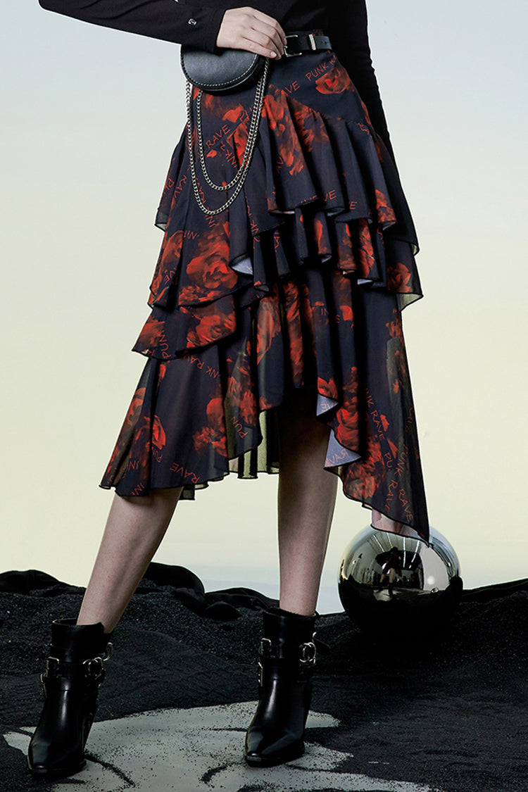 黒/赤レイヤード不規則なスカートパターン印刷装飾ハイウエストシフォン女性のパンクスカート