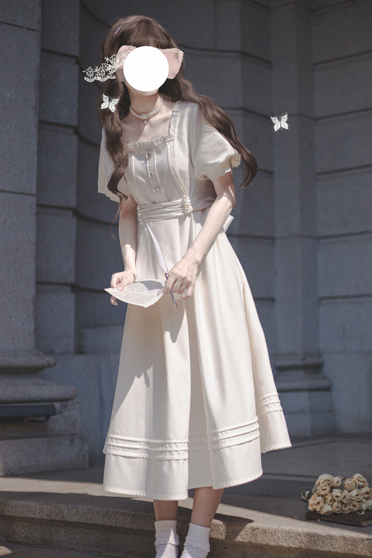 Apricot [Random Thoughts] Square Collar Short Sleeves Ruffle Classic Vintage Elegant Lolita Dress
