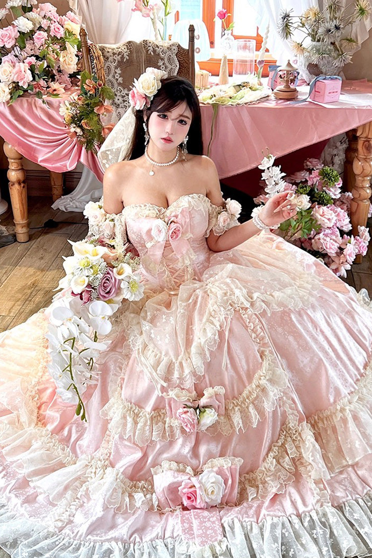 Pink [Love and Roses] Ruffle Hanayome Bowknot Lace Sweet Princess Lolita Jsk Dress