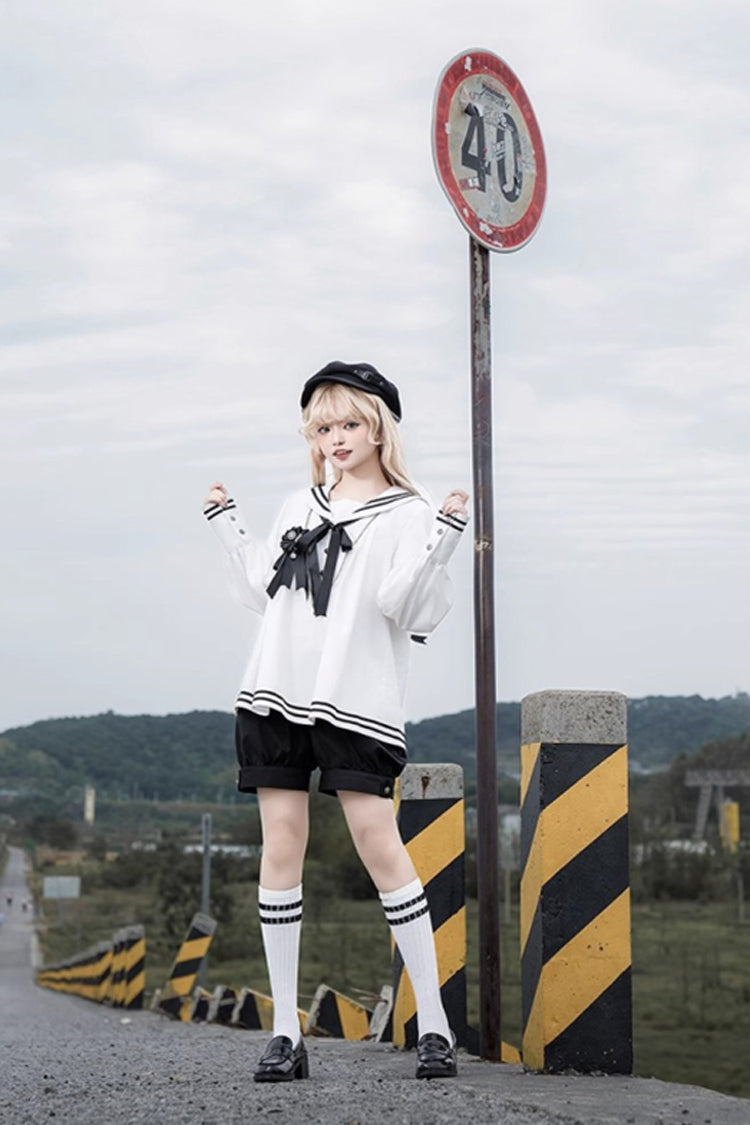Black/White [Old Stories] Navy Collar Long Sleeves Bowknot Ouji Gothic Lolita Blouse Shorts Set