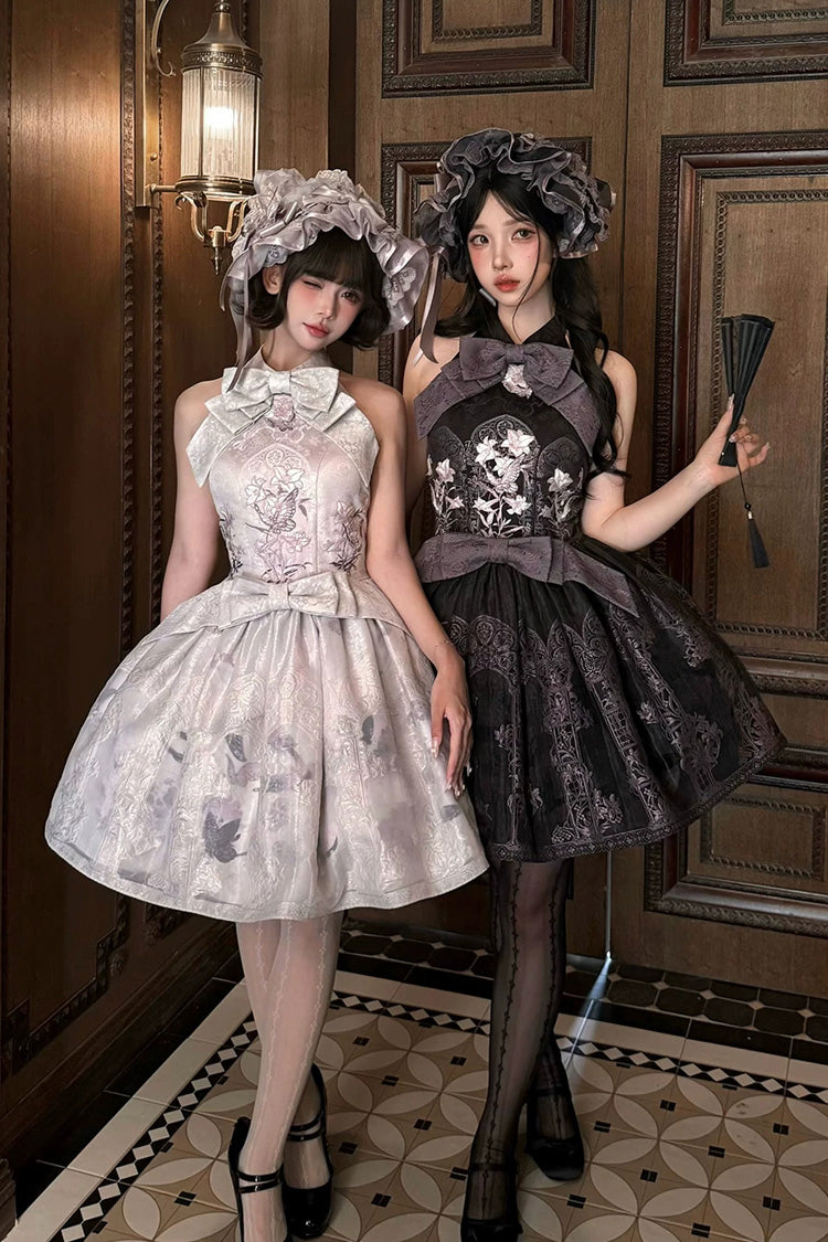 [Stained Glass Dream] Neckholder, ärmellos, bedruckt, bestickte Schleife, Gothic-Lolita-Kleid, 2 Farben (Schwarz/Lila, Weiß/Lila)