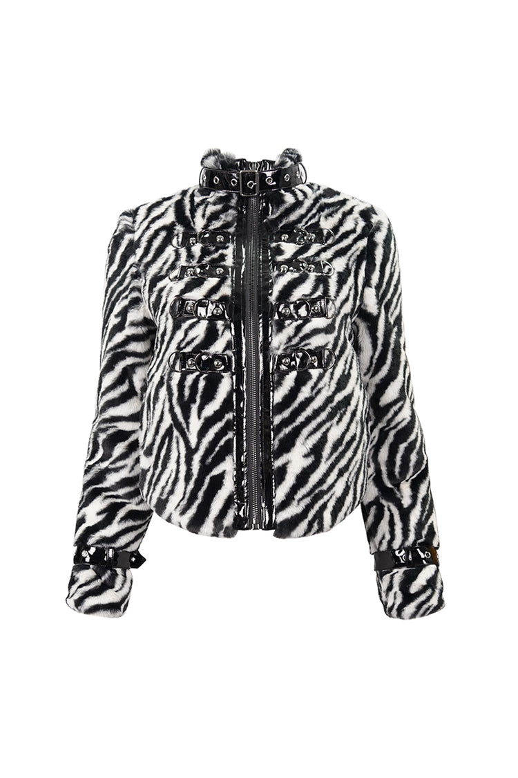 Black/White Stripe Design Shiny Belt With D-Shaped Buckle Decoration Padded Women's Punk Jacket