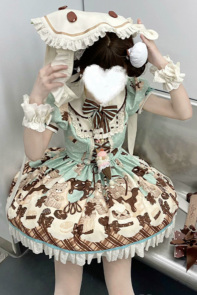 Brown [Peppermint Chocolate] Chocolate Cake Bear Print Ruffle Bowknot Lace-Up Sweet Lolita Dress