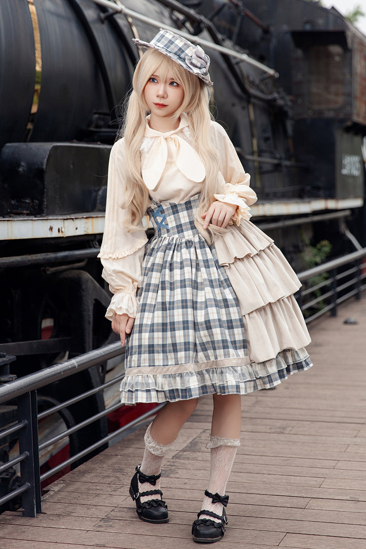 Grey/Blue [Morning Tune] Sleeveless High Waisted Print Ruffle Asymmetric Sweet Lolita Strap Dress