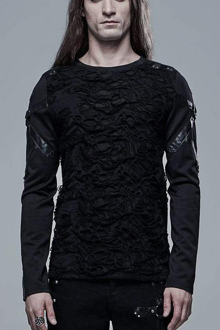 Black Long Sleeve Leather Strap Decoration Broken Holes Knit Men's Punk T-Shirt