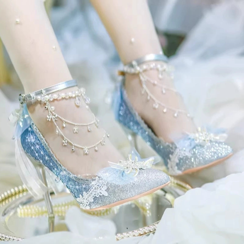Blue Wedding Style Bow Pearl Detail Chain-Decorated Sweet Luxurious Lolita High Heels 2 Colors