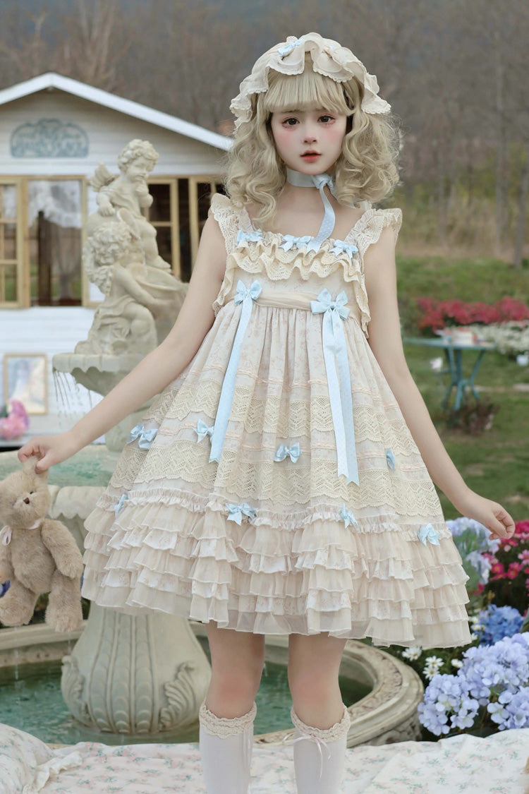 Beige [Little Wind Chime] Sleeveless Multi-Layered Printed Ruffled Bow Lace Sweet Elegant Princess Lolita Jsk Dress