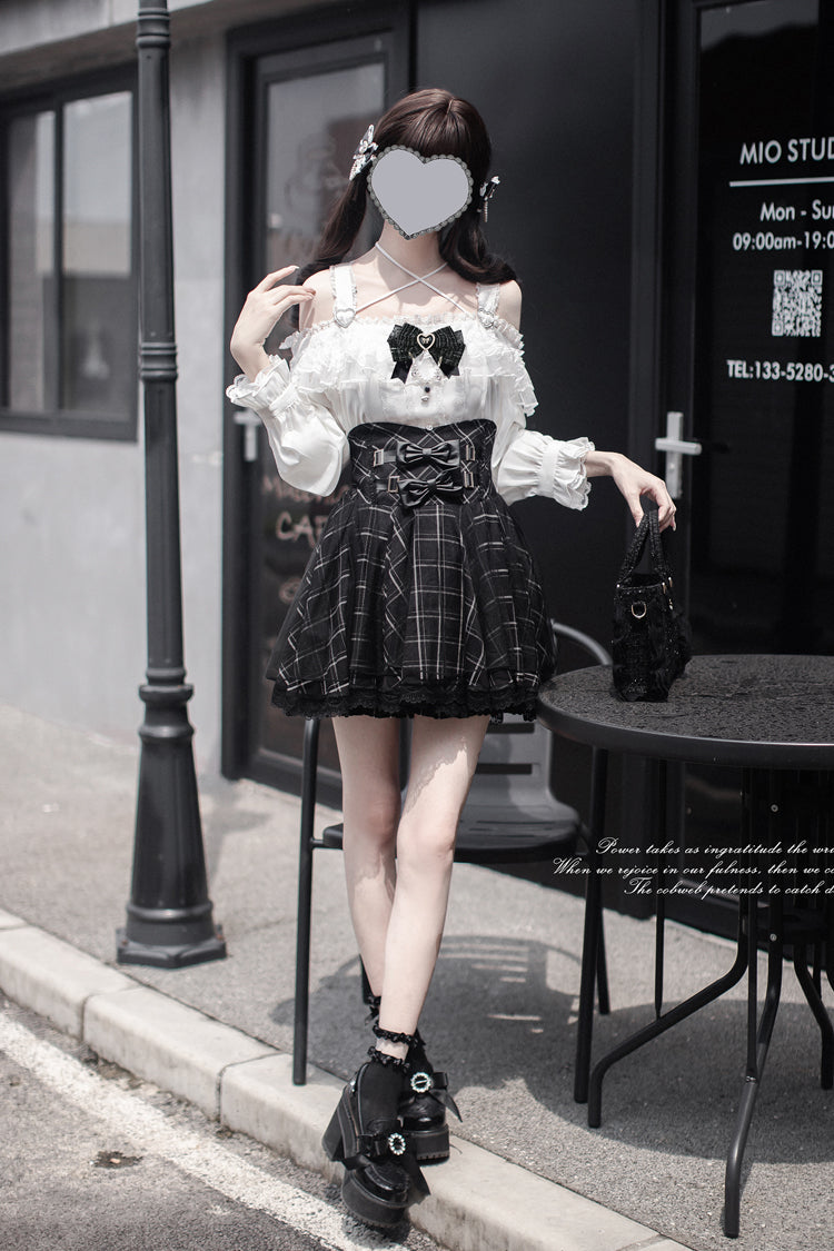Black Plaid Print Bowknot Sweet Jirai Kei Japanese Skirt