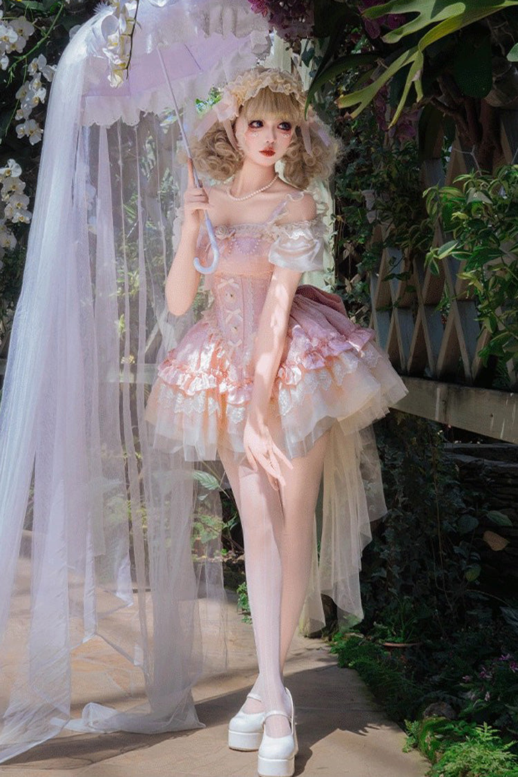 Pink [Fleeting Light and Shallow Dream] Sleeveless Multi-Layered Ruffle Bowknot Lace Slim Sweet Ballet Lolita Jsk Dress