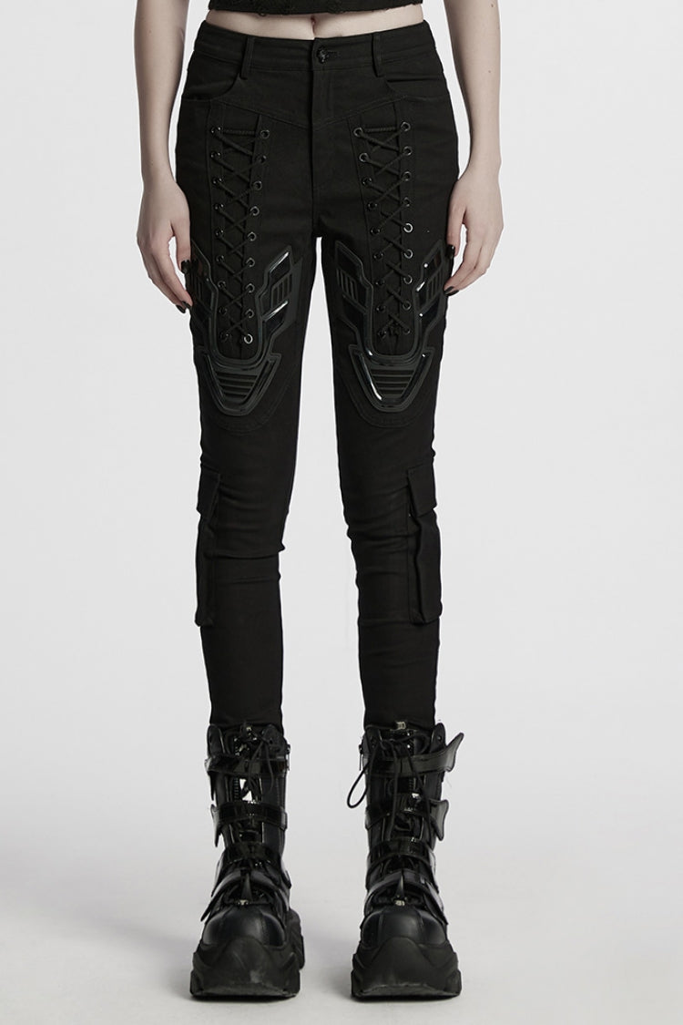 Black Lace-Up Strappy Big-pocket Women's Punk Leggings