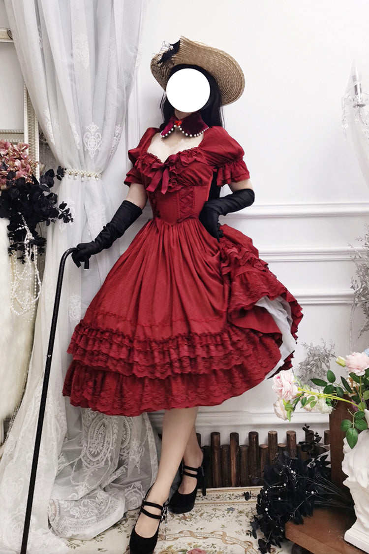 Red Short Puff Sleeves Multi-Layered Ruffle Bowknot Classic Vintage Lolita Dress