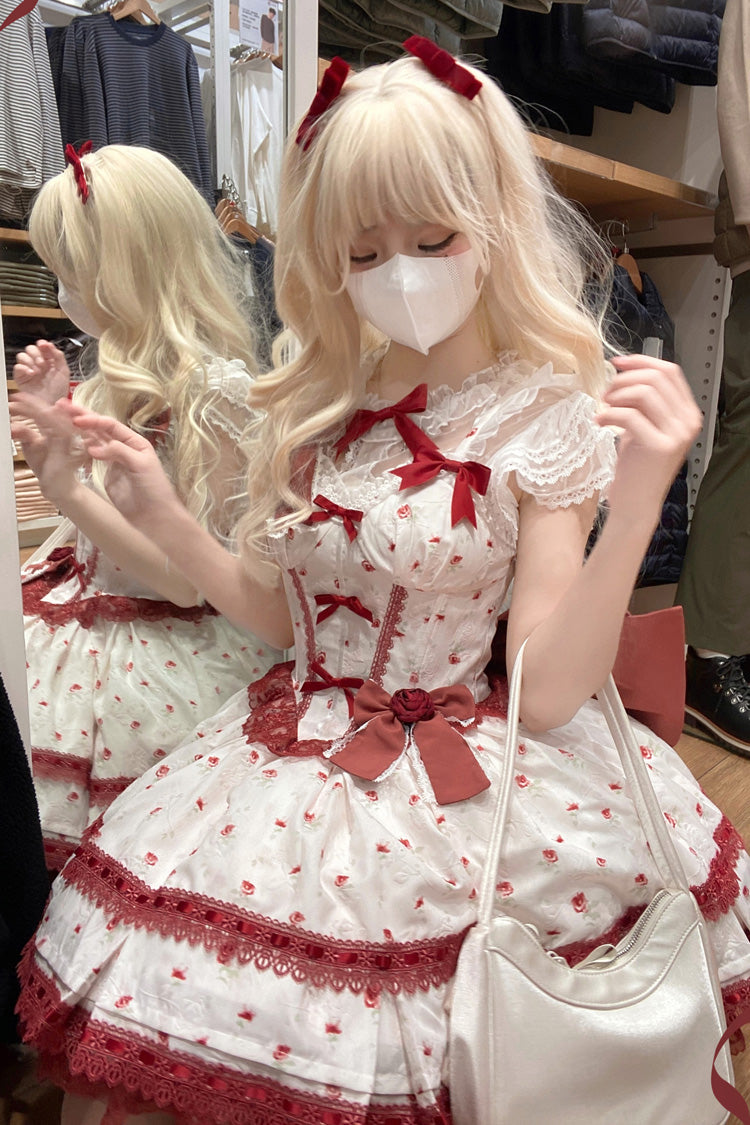 ワインレッド [ファーストラブローズ] 多層プリント フリル ボウノット レース スイートロリータ ジャンパースカート ドレスセット 