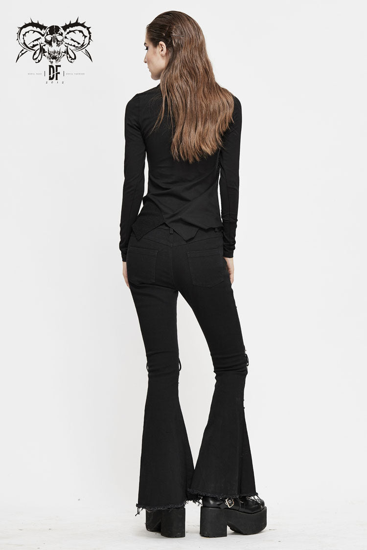 Black Worn Out Cross Shaped Hasp Long Sleeve High Collar Asymmetric Hem Women's Punk T-Shirt