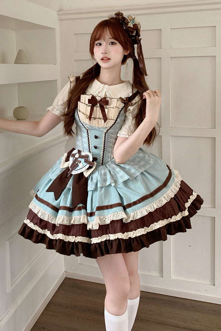 Green/Brown [Mint Chocolate] Sleeveless Triple-Layered Ruffle Bowknot Sweet Lolita Jsk Dress