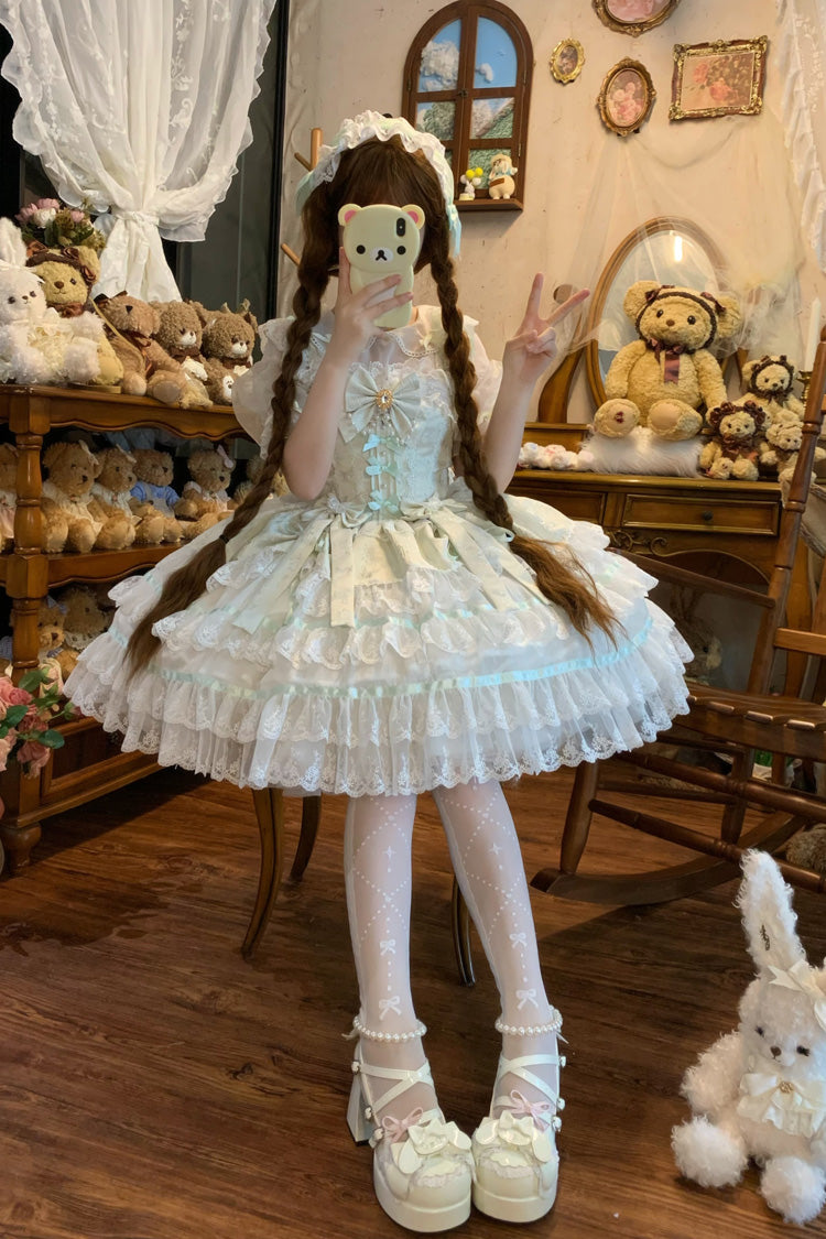 Green [Snow Kissed Romance] Sleeveless High Waisted Multi-Layered Bowknot Lace Pearl Sweet Ballet Lolita Jsk Dress