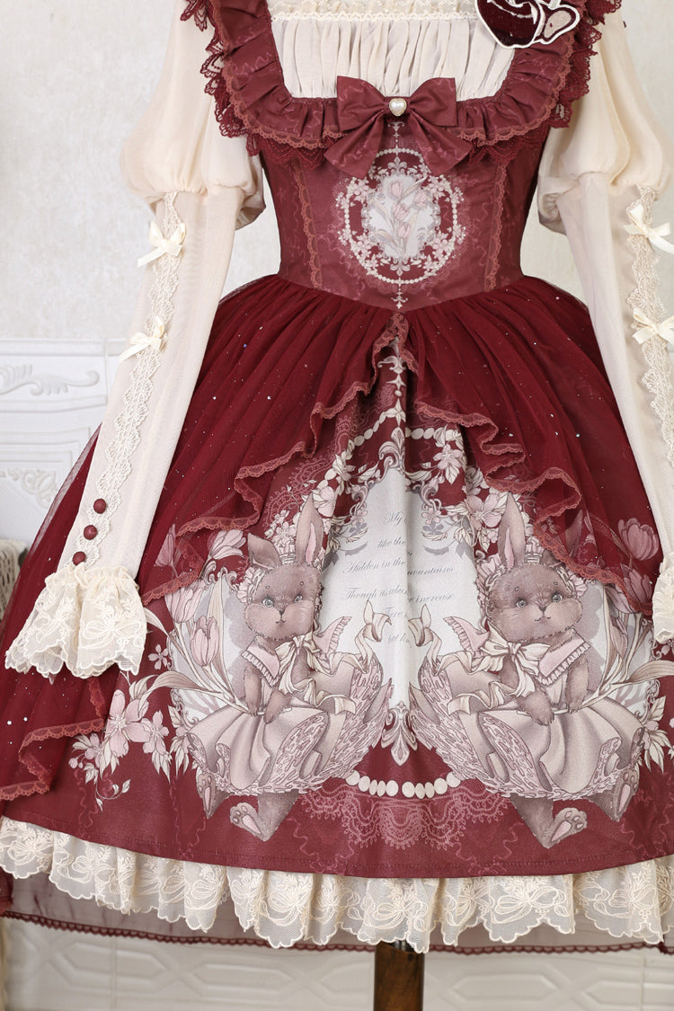 Red Bunny Tea Party Print Ruffle Bowknot Sweet Lolita Jsk Dress