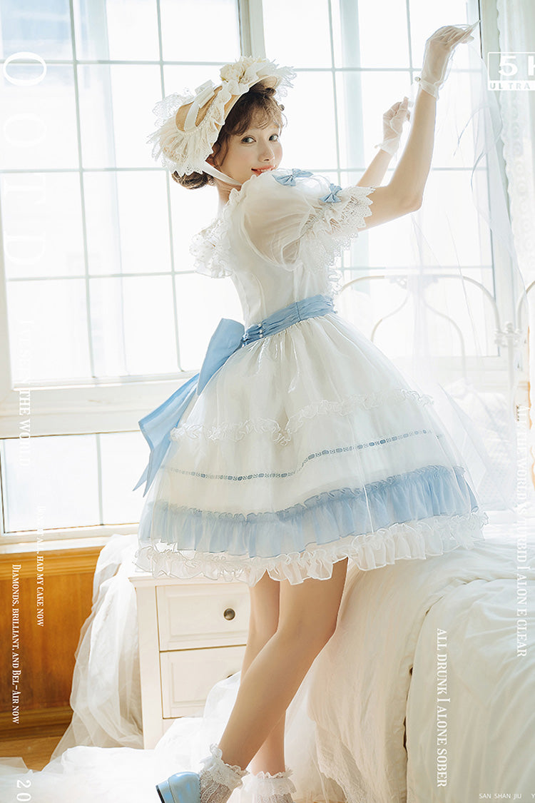 [Moonlight Sonata] Short Sleeves Ruffle Bowknot Lace Sweet Lolita Dress 4 Colors