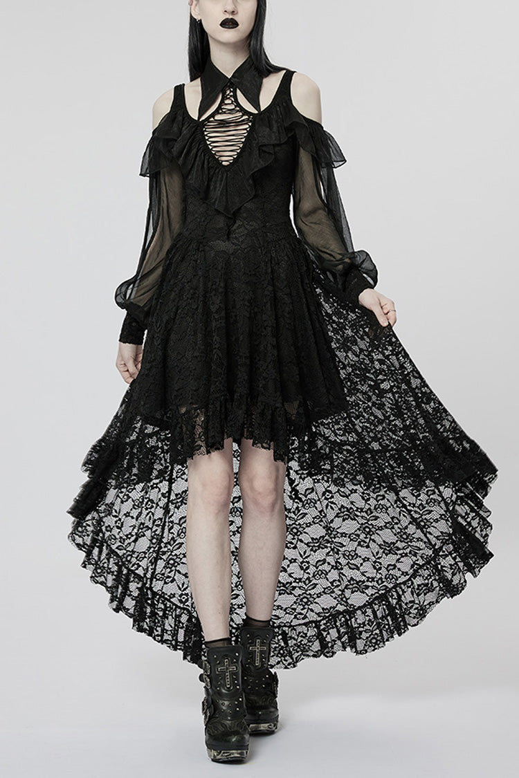 Schwarzes schulterfreies, hohles, genähtes Spitzenkleid mit unregelmäßiger Gothic-Optik für Damen