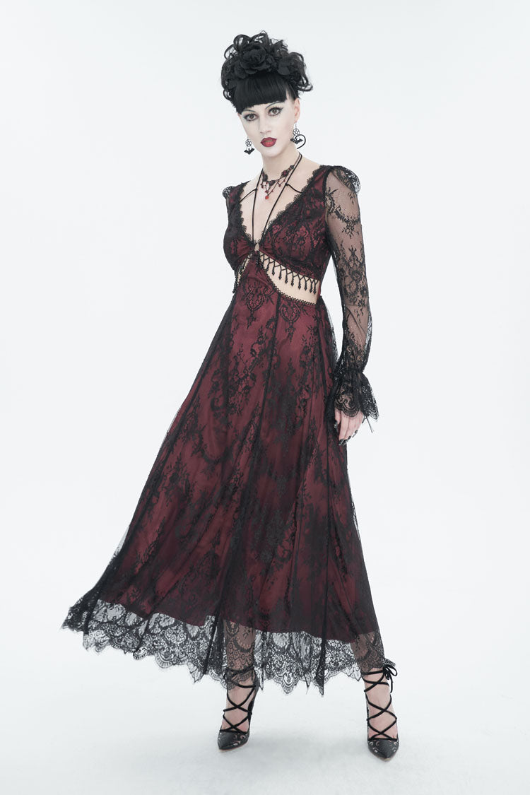 Red Lace Appliqu Adjustable Waist Cutout Women's Gothic Dress