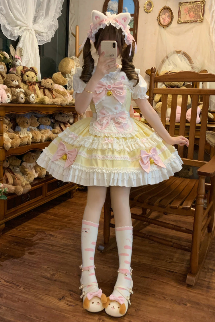 Yellow [Meowling Sweet Maid] Sleeveless Multi-Layered Ruffle Bowknot Lace Sweet Princess Lolita Jsk Dress