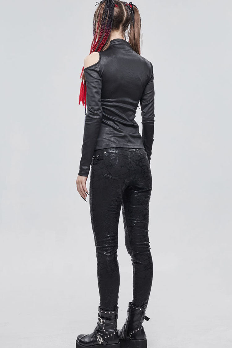 Schwarzes Punk-Stretch-Strickgewebe mit Ausschnitten auf der Brust, Schnallenriemen-Dekoration, langärmeliges Damenhemd