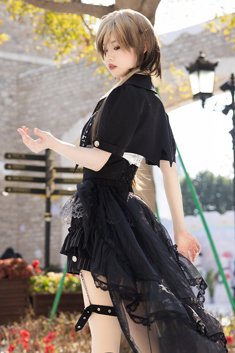 Black Lapel Collar Short Sleeves Lace Prince Ouji Lolita Three-piece Set