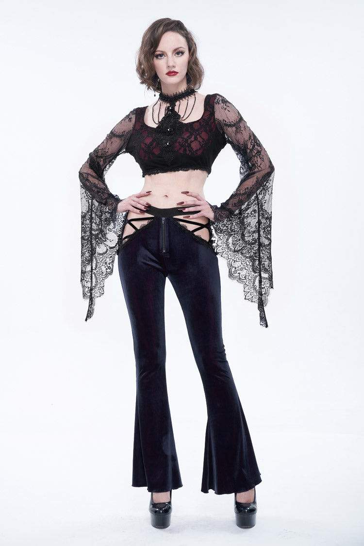 Black/Red Velvet Low-Rise Ribbon Cutout Flare Women's Gothic Pants