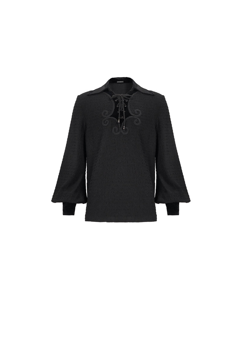Black Embroidered Chest With Drawstring Strappy Puff Sleeved Men's Gothic Shirt
