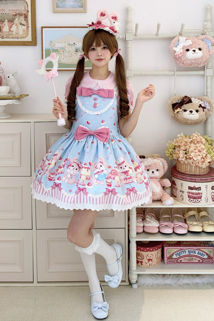 Blue/Pink [Cupid Bunny] Printed Sleeveless Bow Sweet Princess Lolita Strap Dress