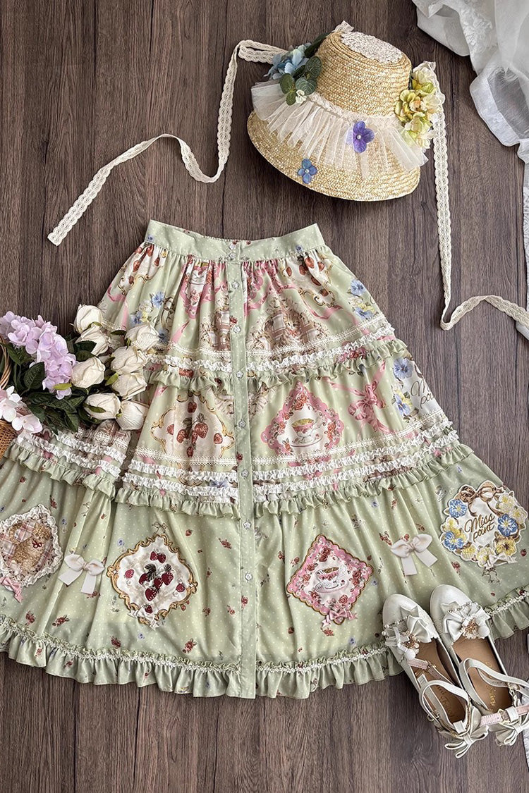 Jupe Lolita Mignonne et Superbe à Volants Imprimée Vert [Thé de Rose de Chat] 
