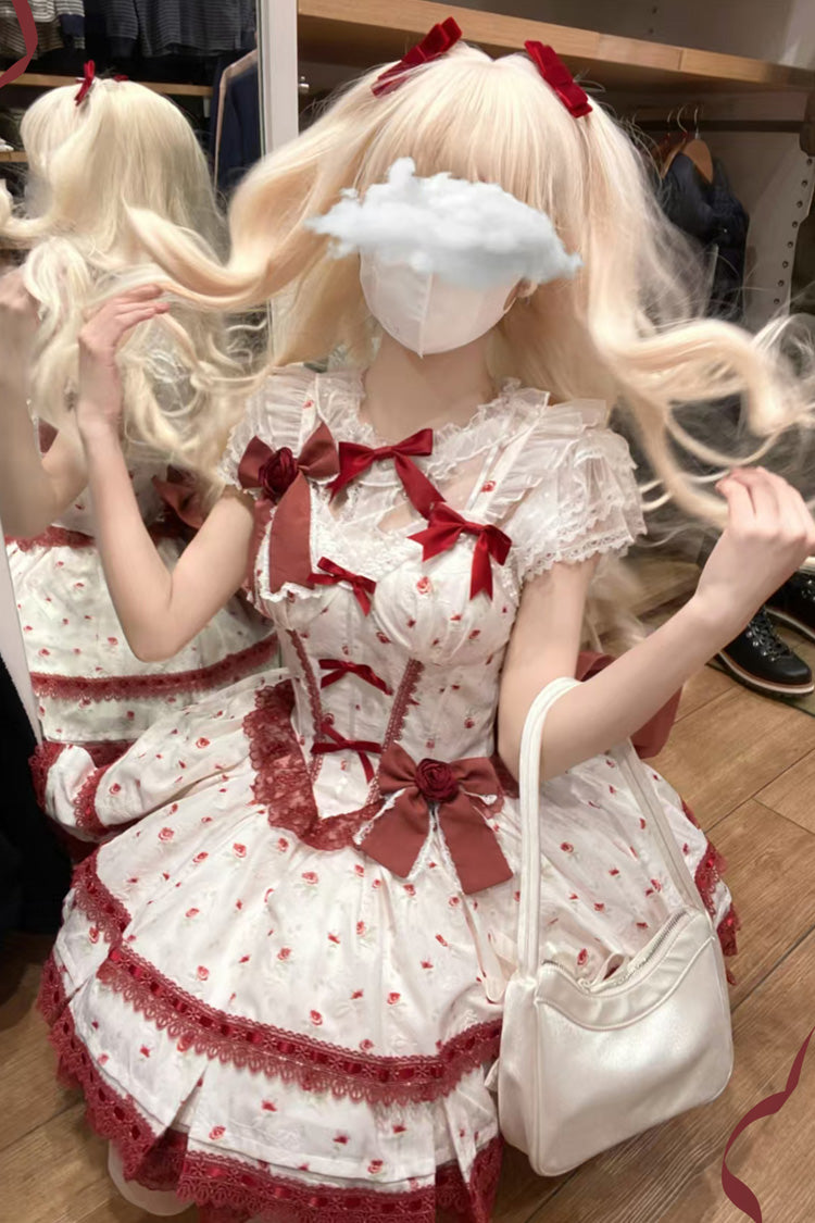 ワインレッド [ファーストラブローズ] 多層プリント フリル ボウノット レース スイートロリータ ジャンパースカート ドレスセット 