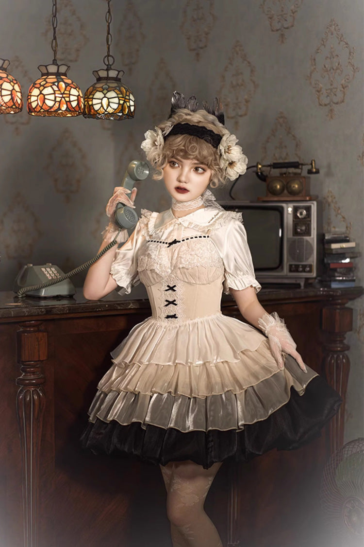 Multi-Color Paris Sunset Waist Fishbone Small Flying Sleeves Tiered Ruffle Sweet Lolita JSK Dress