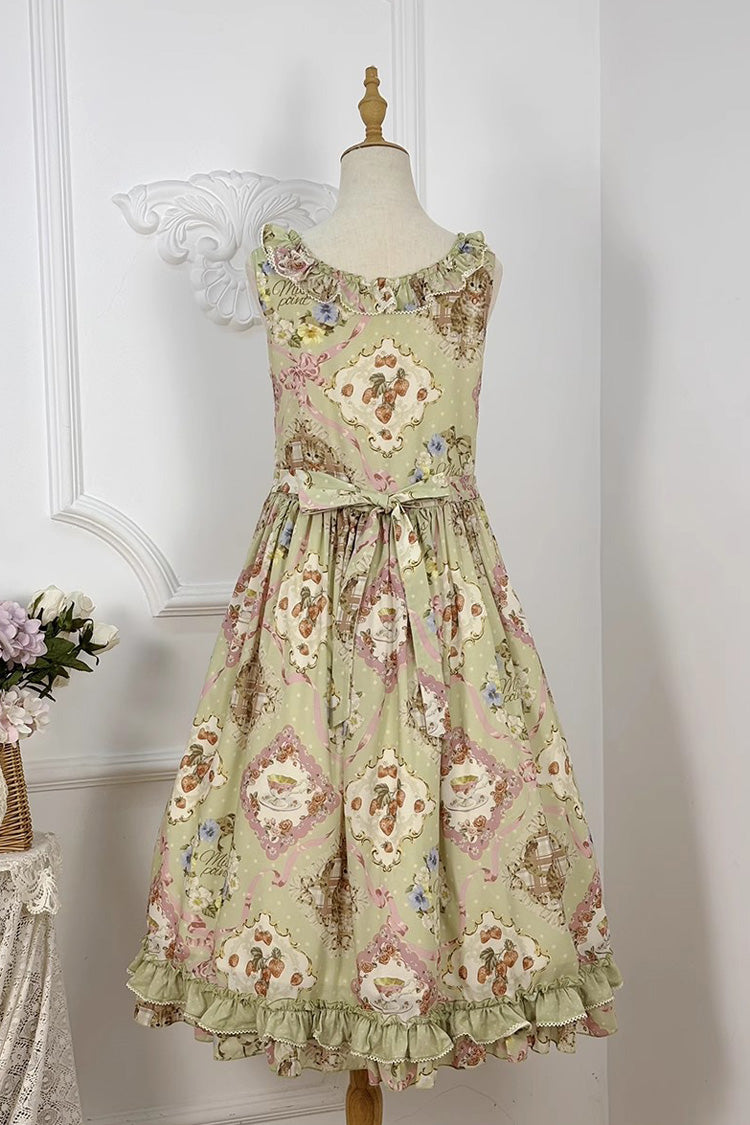 Robe Jsk Lolita Douce Sans Manches Imprimée à Volants et Nœud Papillon [Thé Rose Chat Vert] 