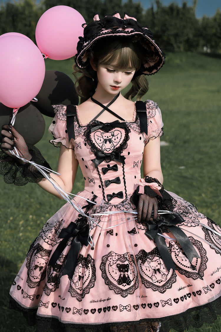Rosa [Sugar Bear] Süßes Lolita-Kleid mit quadratischem Kragen, kurzen Ärmeln und bestickter Schleife (Schleifenschleppe inbegriffen)