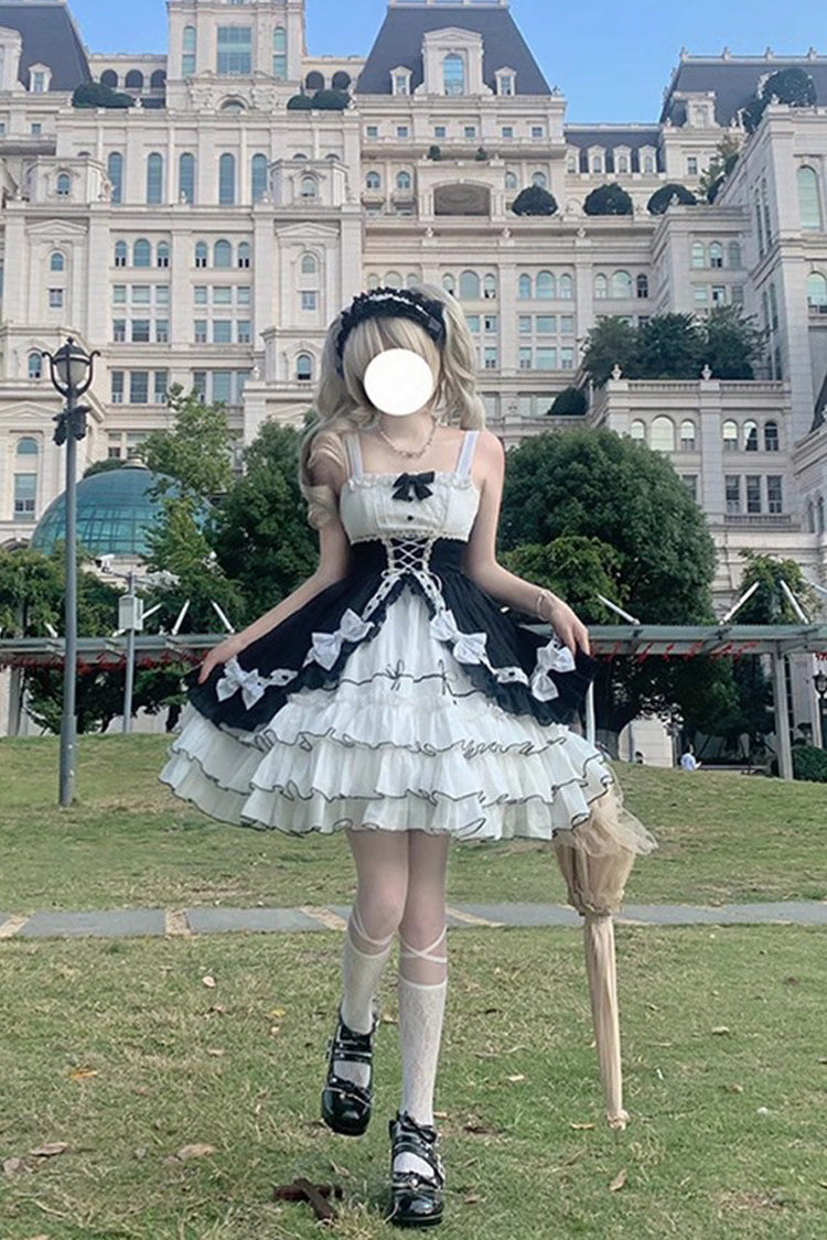 White/Black Multi-layer Ruffle Cardigan Bowknot Sweet Princess Lolita Jsk Dress
