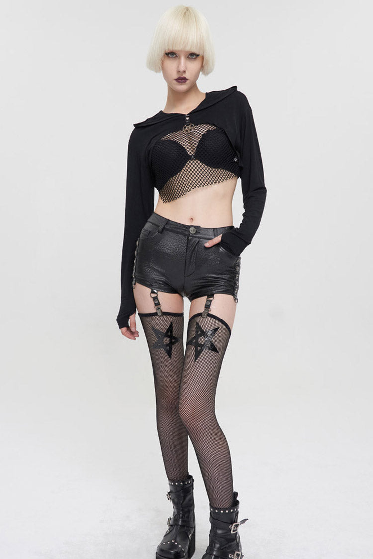 Black Punk Long Sleeve Knitted Chest Mesh Perspective Back Drawstring Adjustment Hoodie Women's Shirt