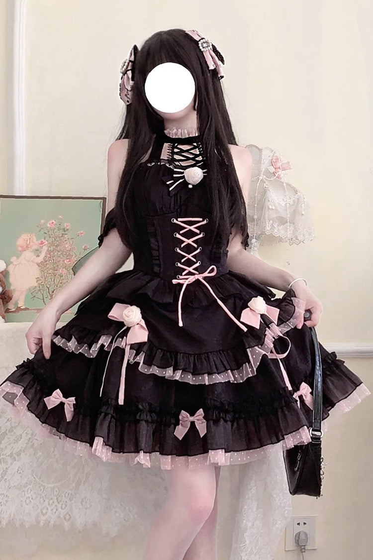Schwarz/Rosa Gothic Lolita Jsk Kleid mit Schnürung und Rüschen, mehrlagig