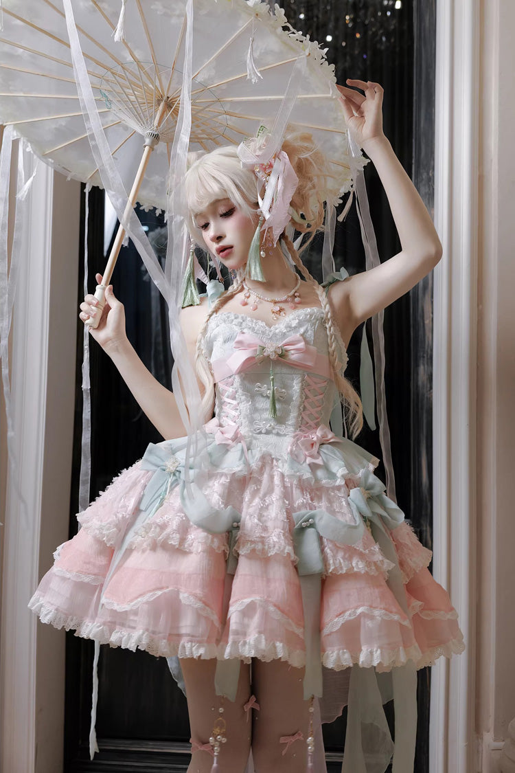 ピンク/グリーン【サマーロータスブリーズ】ノースリーブ二層フリルリボンレースアップ甘中華風バレエロリータJSKドレス