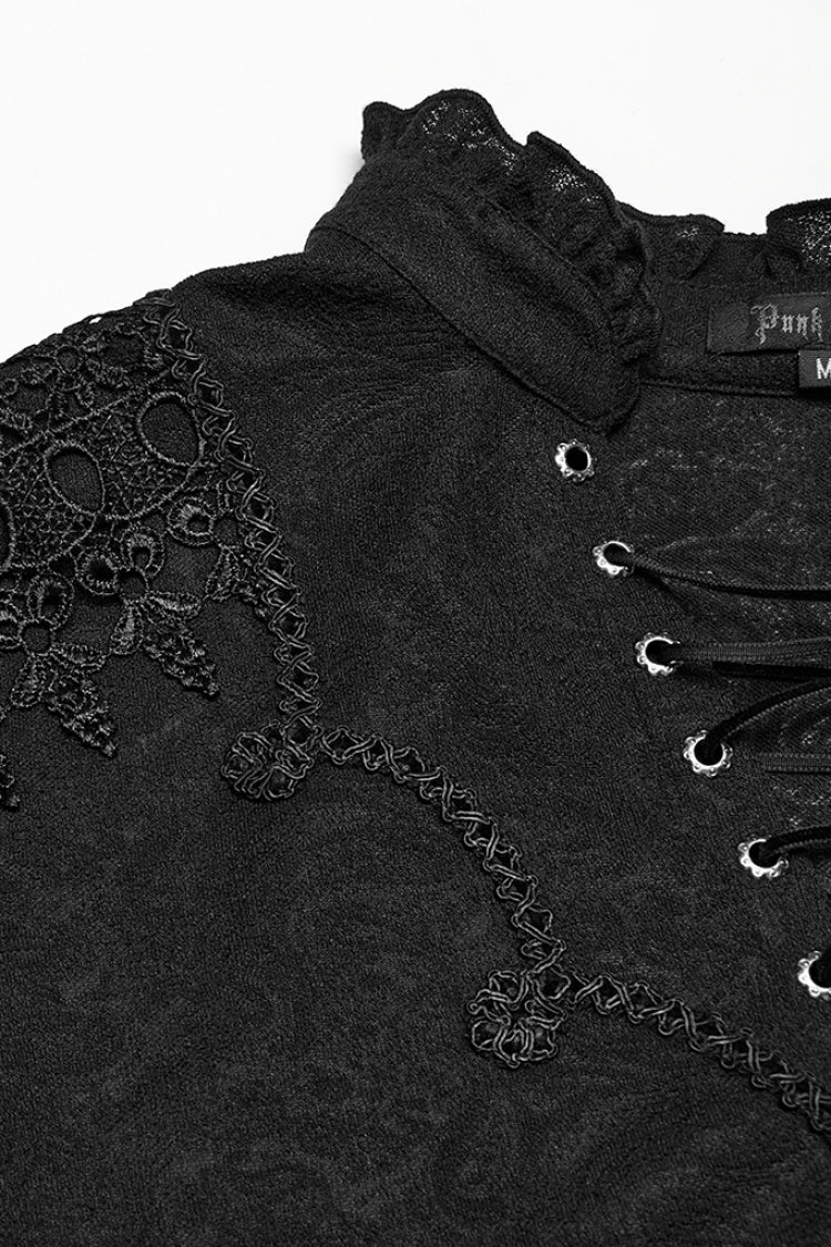 Blouse gothique pour homme noir à col en V, manches longues, broderie jacquard 