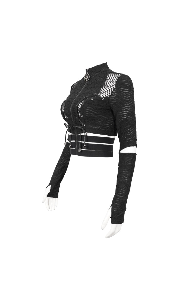 Schwarzes, gerüschtes, langärmliges Gothic-Shirt aus Netzstoff für Damen