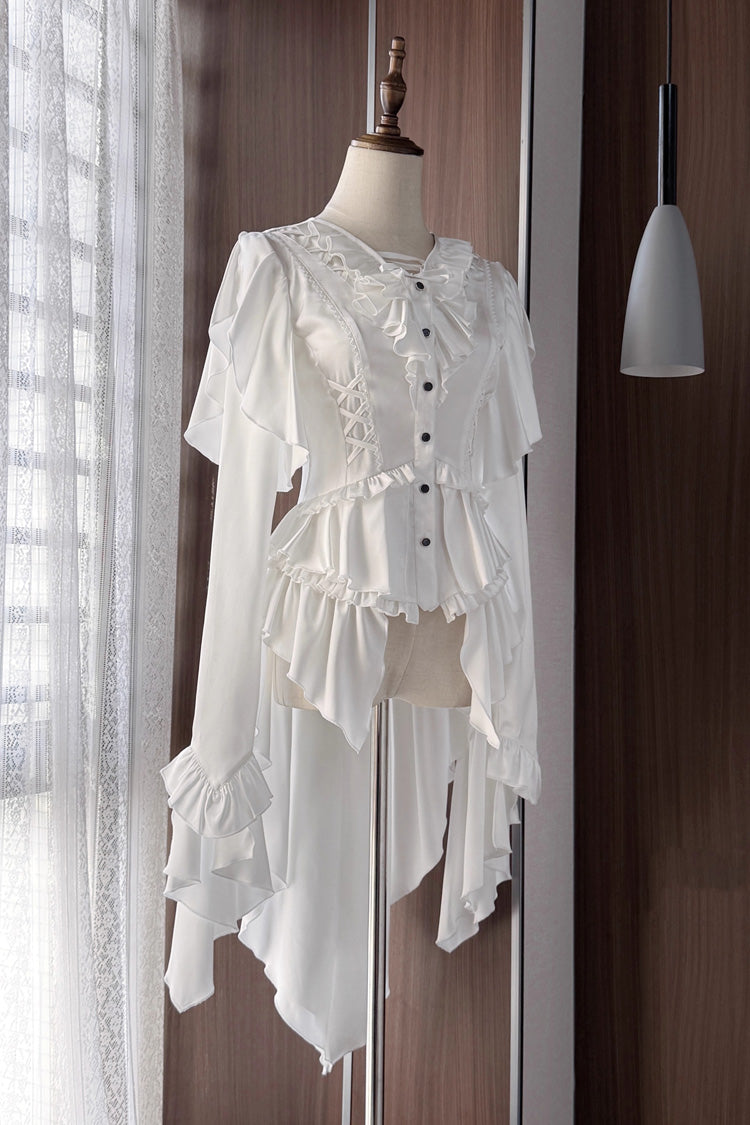 [Echoes of the Deep Sea] Lange Hime-Ärmel, gerüschte Schleife, Schnürung, Gothic-Ouji-Lolita-Bluse, 4 Farben