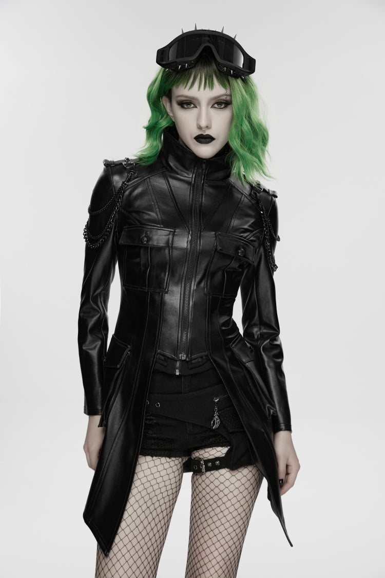 Black Lapel Collar Long Sleeves Lace-Up Slim Zippered Chain-Decorated Women's Punk Jacket